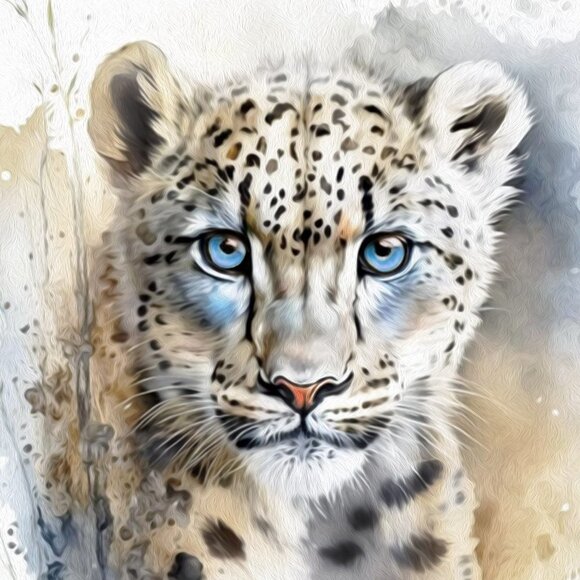 8x8 Snow Leopard Blue‎ Eyes Portrait Watercolor Fantasy Art Oil Painting Print - Picture 3 of 7